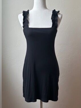 Wild Honey Black Ribbed Square Neck Ruffle Strap Mini Dress S